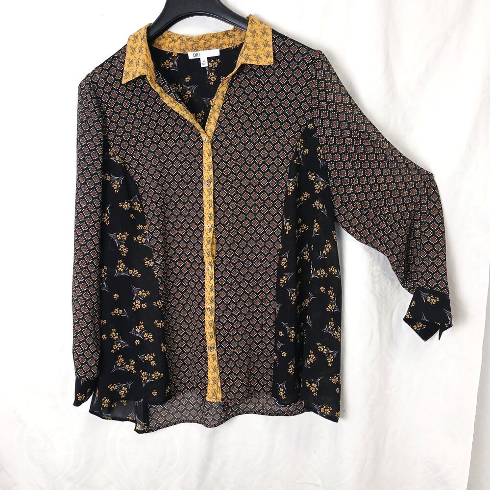 DR2 Button Down Sheer Shirt Floral Diamond Print - Plus Size 1X